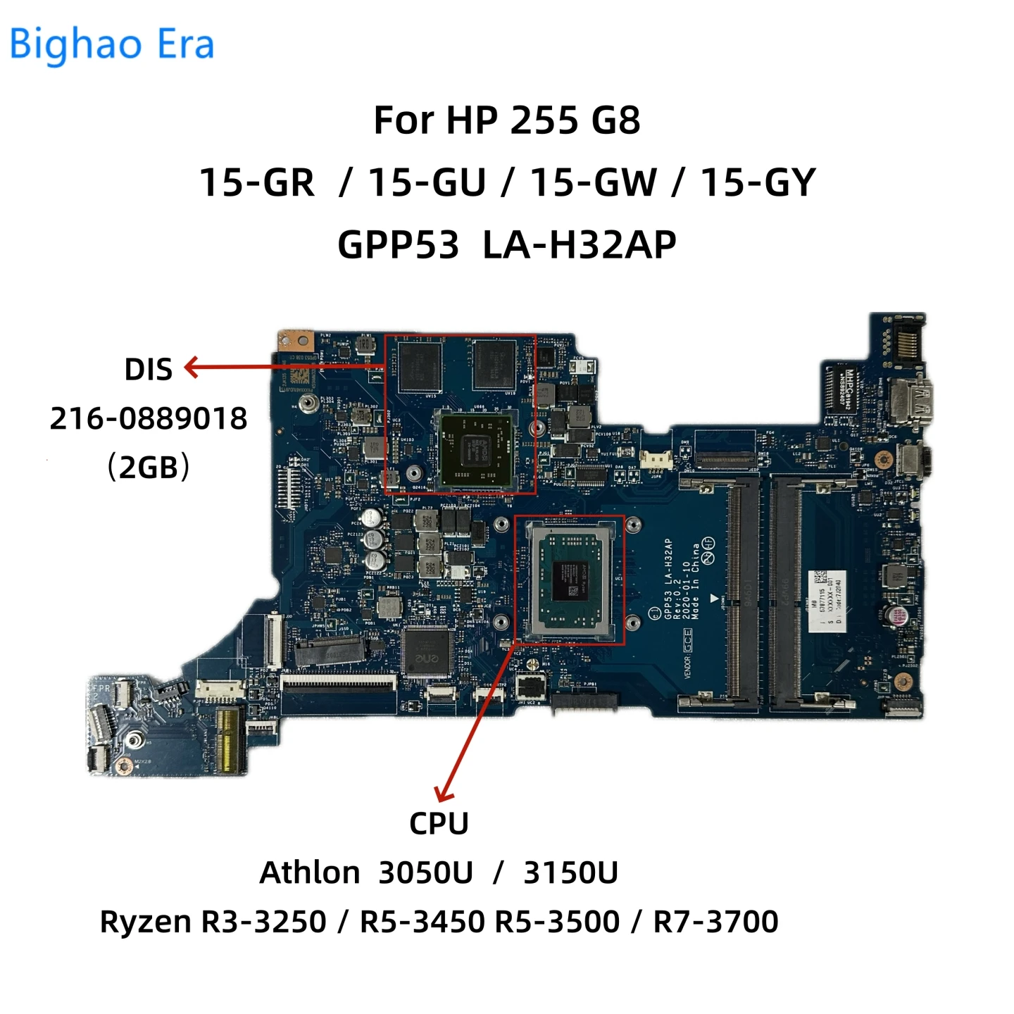 

For HP 255 G8 15s-GR 15-GU 15z-GW 15-GR Laptop Motherboard GP553 LA-H32AP With 3150U R3 R5-3500 R7-3700 CPU 2GB-GPU 216-0889018