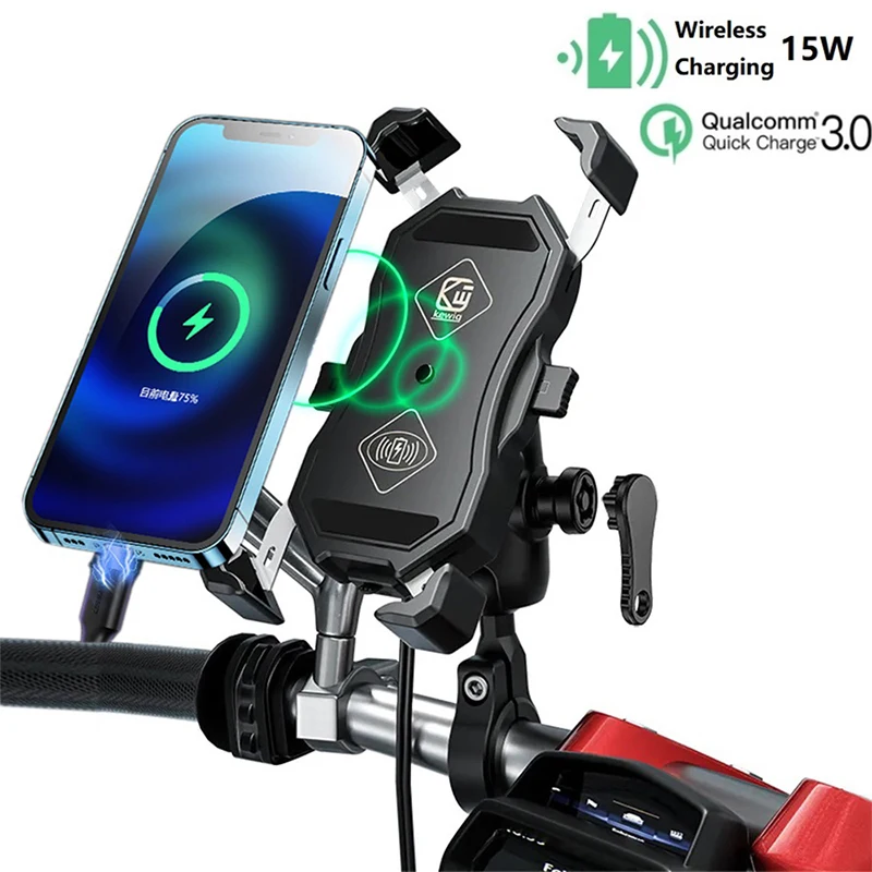 IMESTOU Motorcycle Fork Stem Wireless Qi/USB Phone Mount Charger With 1