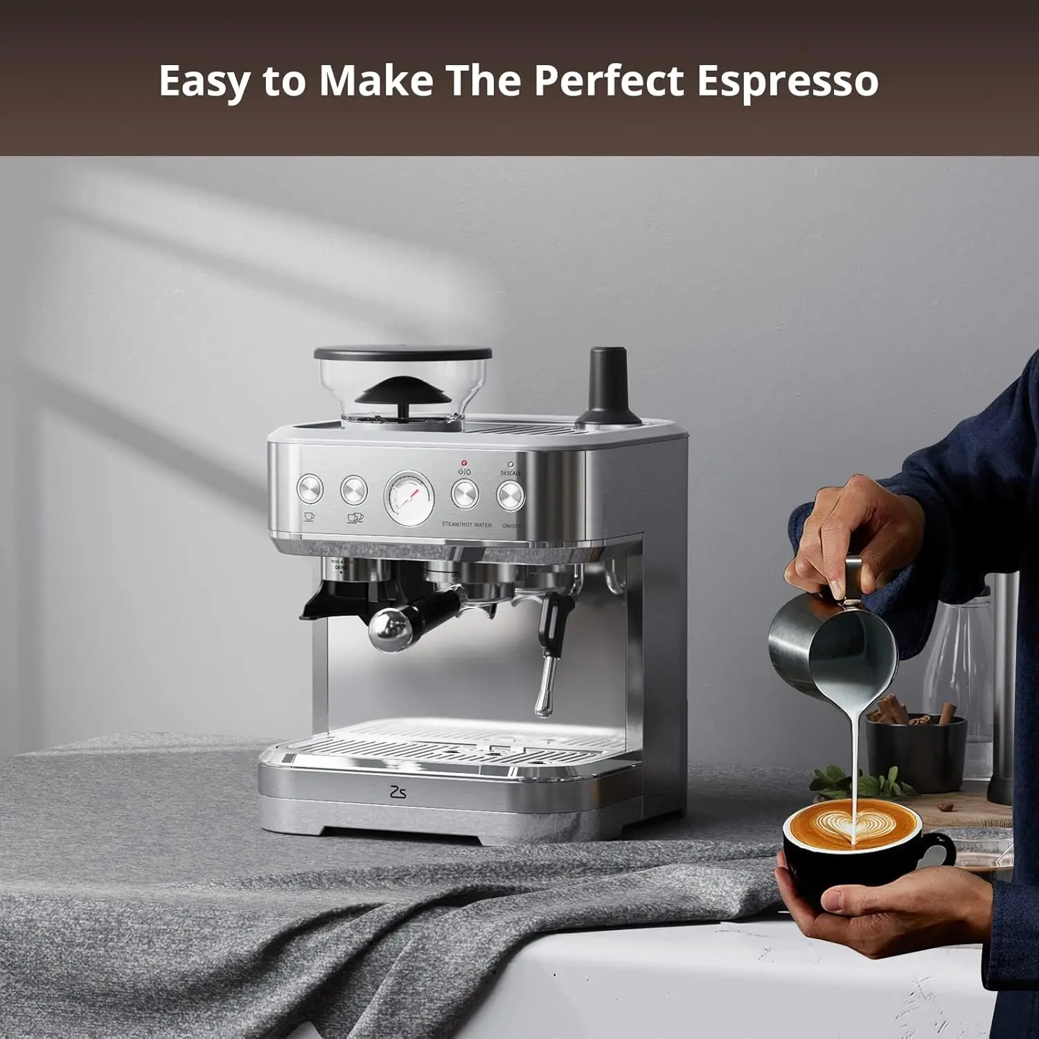 Professional Espresso Machine with Built-In Grinder and Milk Frother, 15 Bar Cappuccino and Latte Maker 5