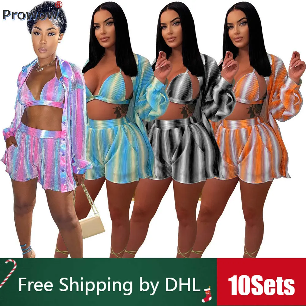 

10Sets Bulk Contrasting Colors Striped Tracksuits Summer 2023 3 Piece Womens Outfits Long Sleeve Shirt Bra Shorts Wholesale 9772