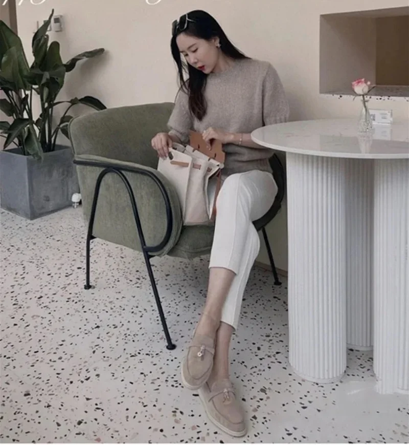 2024 genuine leather tassel buckle loafers, suitable for women with flat bottomed lazy feet, versatile soft bottomed suede leath