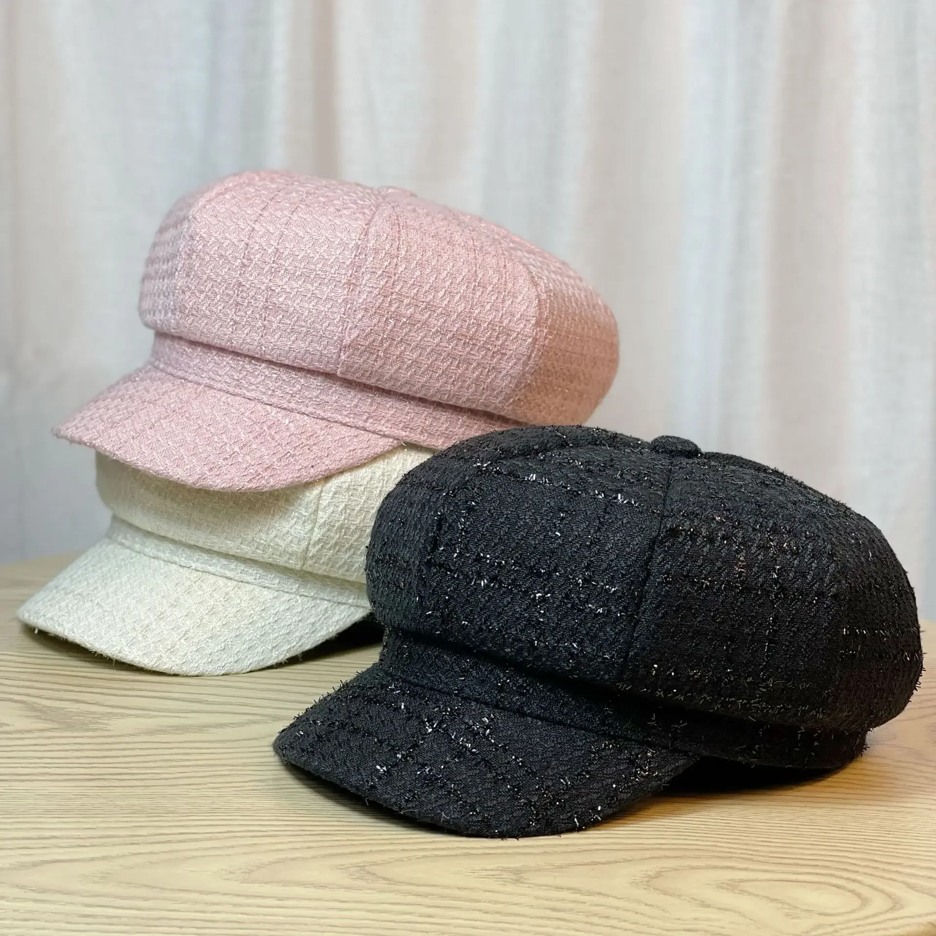 New Japanese solid color thousand-bird check octagon hat woman British retro fashion beret casual all-match newsboy hat