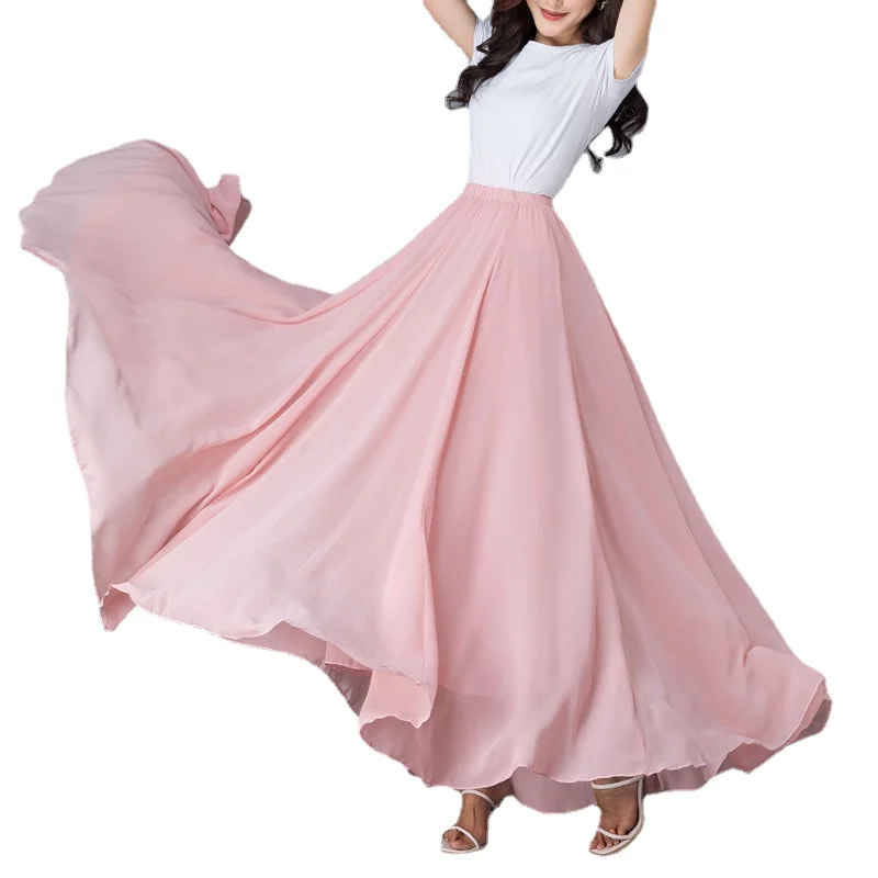 

Plus Size Women Summer High Waist Baby Pink Color chiffon Long pleated Skirt Female Vintage Elegant Maxi Skirts
