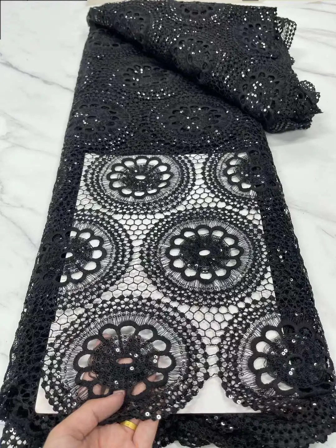 

Black Guipure Lace Fabric African Cord Lace Fabric With Sequins Nigerian Lace Fabric Water Souble Lace 5 Yards For Party Dress