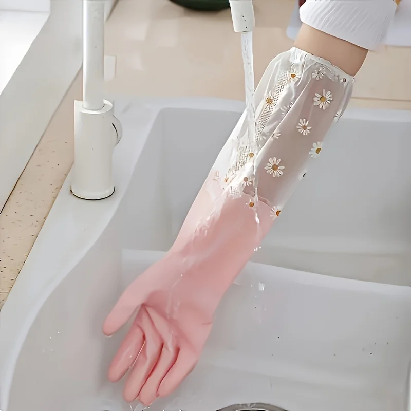 1 Pair Durable Waterproof PVC Cleaning Gloves, Non-Slip Dishwashing Gloves for Kitchen, Household Laundry Gloves