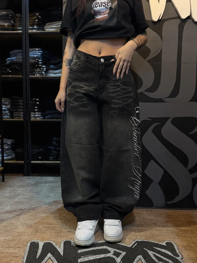 Unisex Black Baggy Jeans Letter Embroidery Wide Leg Washed Denim Streetwear Y2K Casual Relaxed Fit Pants for Men Women 2026 New 5