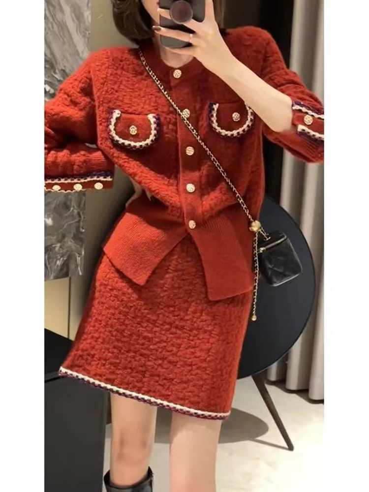 Women  Autumn Winter New Red Knitted 2 Piece Sets Office Lady Long Sleeve Knitted Cardigan Sweater High Waist Skirt Suit Women\'s