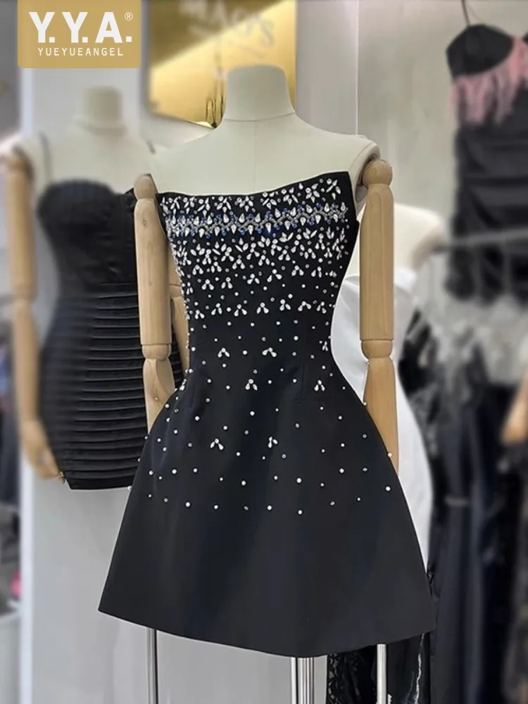 

Party Banquet Luxury Diamonds Black Dress Women Sexy Sleeveless Strapless High Waist Short Dresses Ladies Sweet Ball Gown Dress