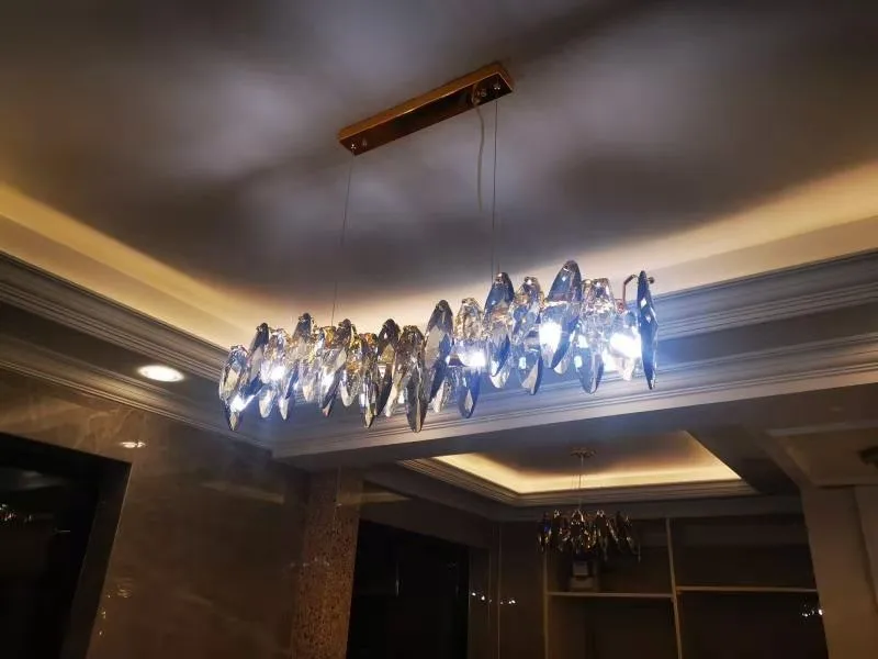 Wave design modern crystal light chandelier for dining room luxury smoky gray cristal lamps brief kitchen island hang lamps dining room chandeliers