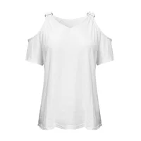 Short Sleeves Summer T-shirt Women Solid Metal Style Cold Shoulder Sexy V Neck Casual Slim Shirts Elegant Ladies Fashion Blouses - Image 4