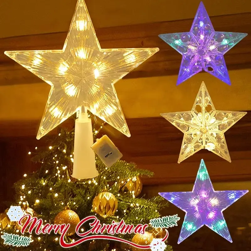 15cm Xmas Tree Transparent Five-pointed Star Ornament Glowing Christmas Tree Topper Star Topper with LED Light for Home Decor