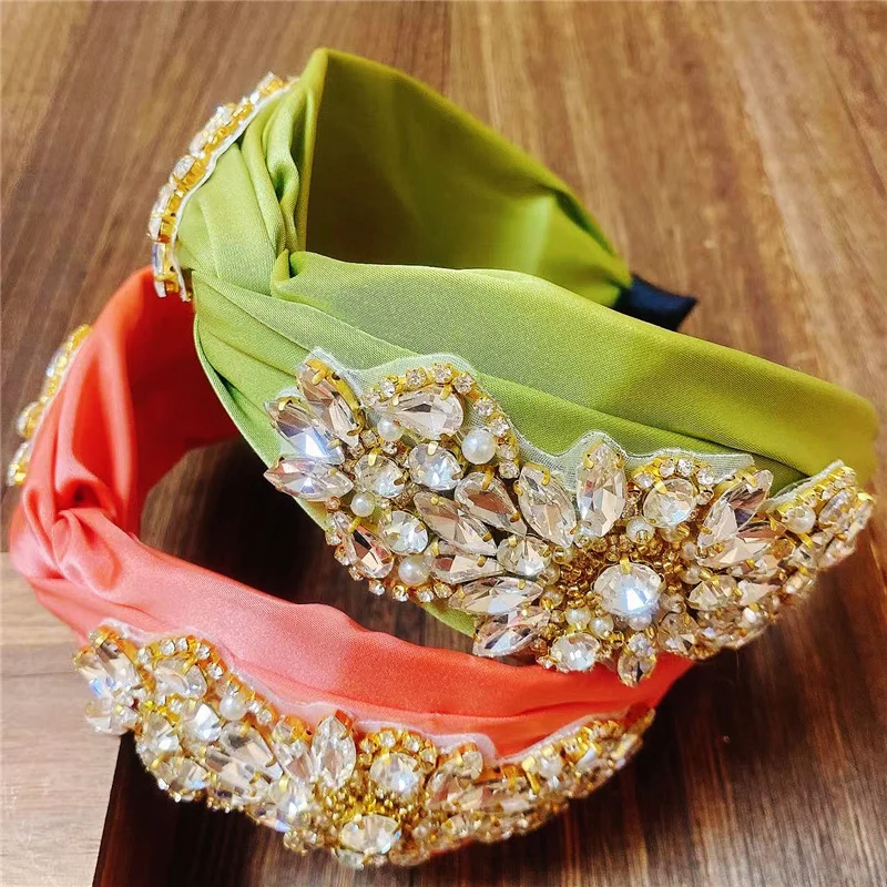 2 Colors Design Handmade Retro Baroque Rhinestone Crystal Headbands For Women Green Knot Hairband High Quality Headwear