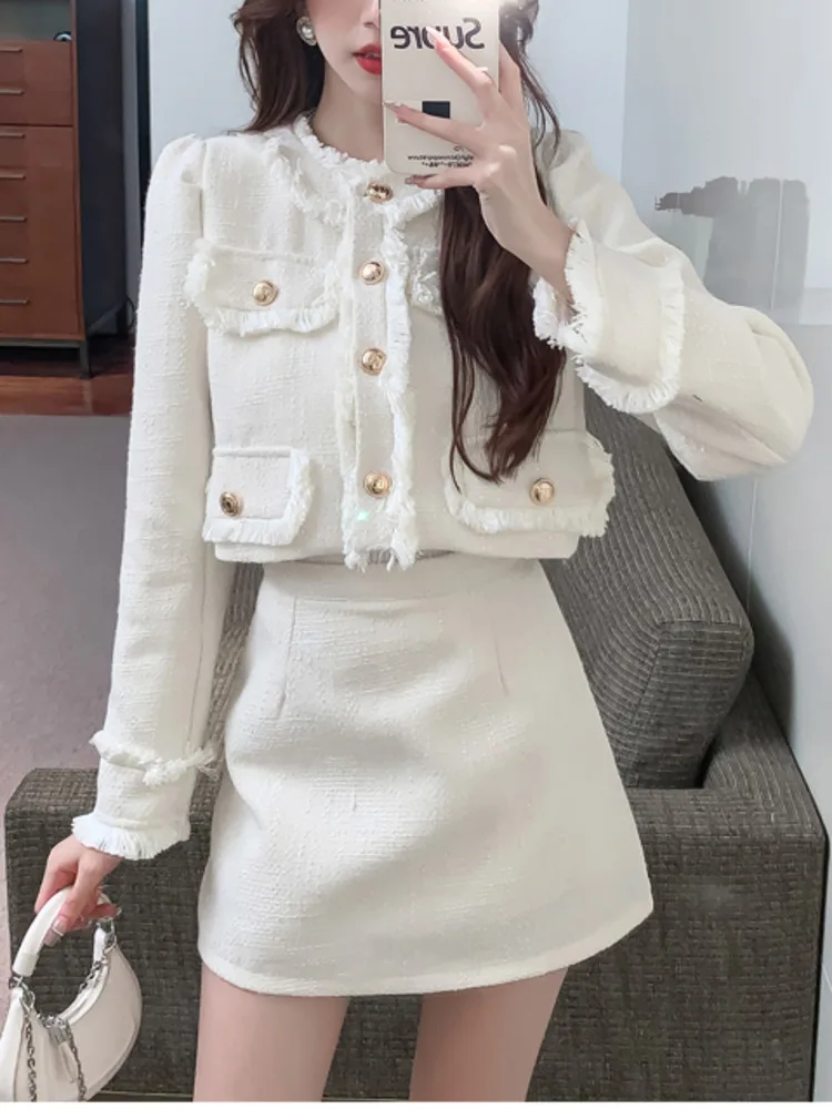 スーツ Doublic Tweed Crop Jacket + Skirt Suit Set French Vintage Fashion Short Tweed jackets for women and
