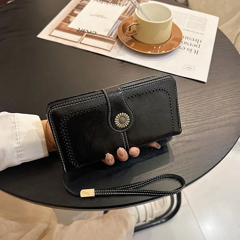 Vintage RFID Anti-Theft Large Capacity Women's Zipper Wallet with Wrist Strap