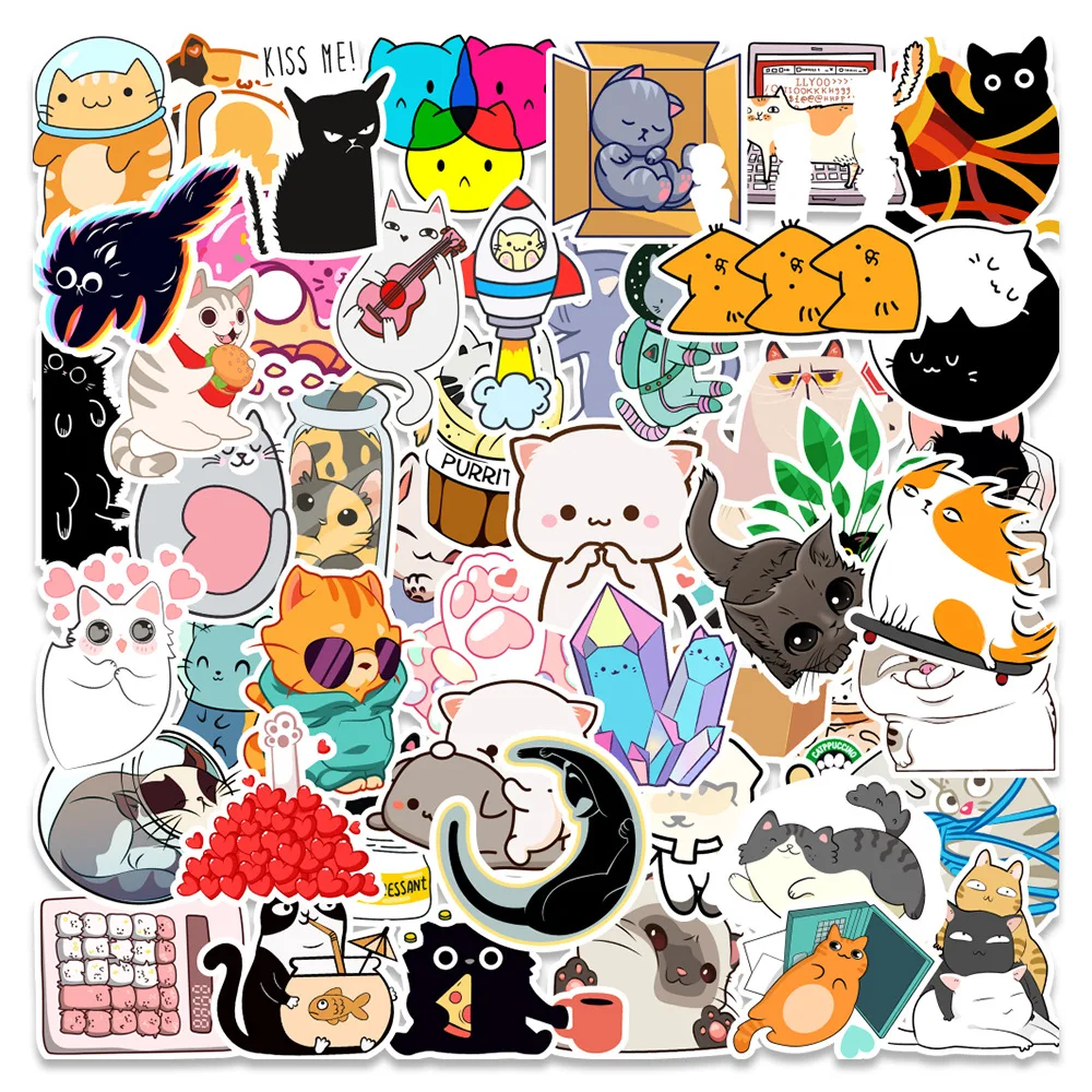 50/54Pcs 귀여운 고양이 동물 낙서 스티커 혼합 스타일 가방 노트북 자전거 수하물 자동차 스쿠터 스케이트 보드 스티커