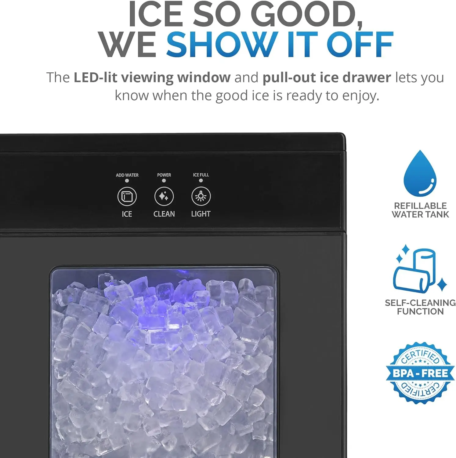 Nugget Ice Maker Countertop 44lbs/Day Countertop Sonic Ice Machine Self-Cleaning Refillable Water Tank Ideal for Home Office