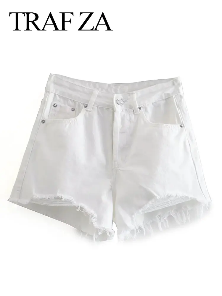 

TRAFZA Ripped Jean Shorts For Women Button Fly High Waist Slim Denim Shorts Elegant Solid Female Casual Summer Streetwear Shorts