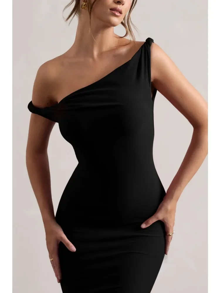 New Fashion Irregular Roll Neck Women's One-word Shoulder Suspender Dress Sexy Women's Medium and Long Solid Color Evening Dress