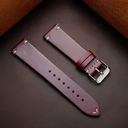 Handmade Retro Oil Wax Leather Calfskin Watch Strap - Quick Release Women's Band Accessories - 22mm (Red)