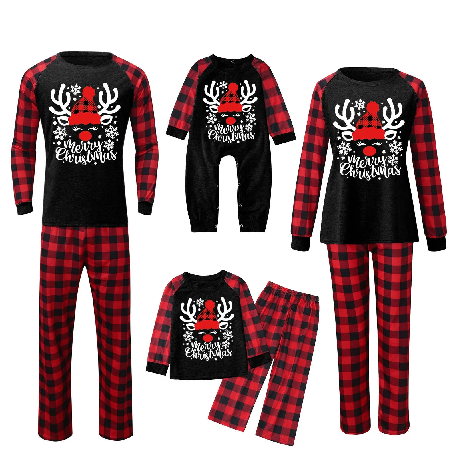 Conjunto de pijama navideño con estampado de cuadros rojos y negros, pantalones y remera, pijamas familiares a juego para Navidad y Año Nuevo, ropa de dormir para adultos y niños