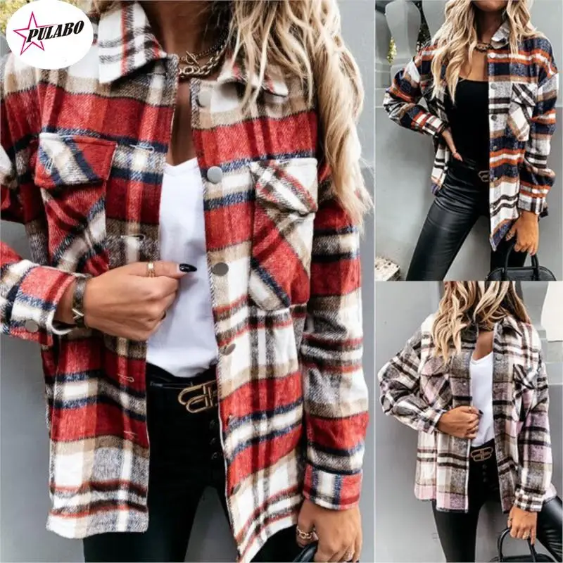 

PULABO Autumn Long Plaid Jacket Women Coat Overshirt Winter Checkered Jacket Female Long Sleeve Shirt Jacket For Women