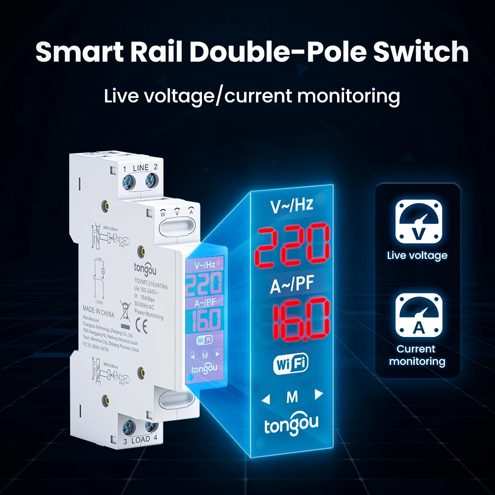 WiFi Circuit Breaker 2P 16A 100-240V AC Over/Undervoltage Auto/Manual Reclose T