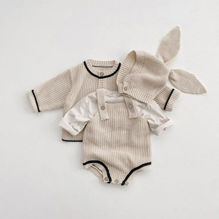 Spring Autumn Baby Sweater Set Newborn Jumpsuit Baby Sweater Cardigan Jacket Hat Three Piece Set Boys Girls Winter Clothes