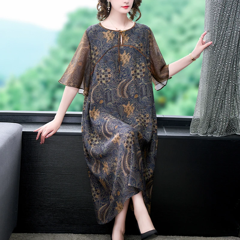 

Summer Fashion Versatile Silk Printed Dress For Women 2023 New Elegant Loose Fit Casual Holiday Knee Length Dress Vestidos