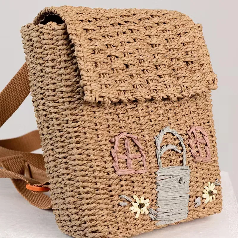 Cute House Shape Straw Backpacks for Little Girls Funny Handmade Woven Back Pack Lovely Summer Beach Bag for Children 2023 Bags 4