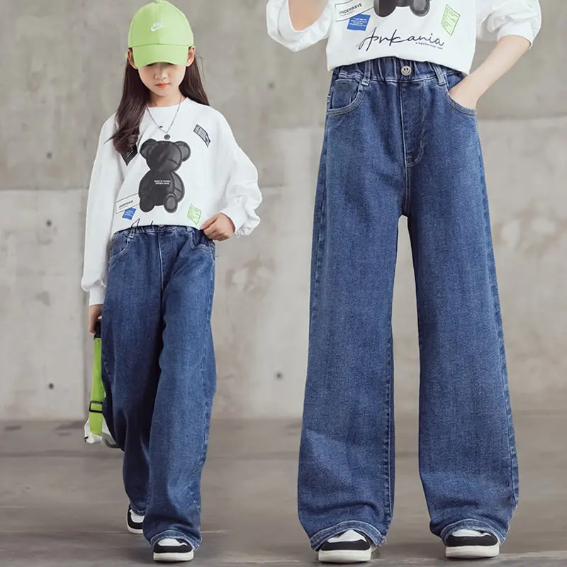 

Modx Teen Girls Jeans High Waisted Wide Leg Pants Children's Loose Korean Blue Denim Pants Casual Style Trousers Clothes