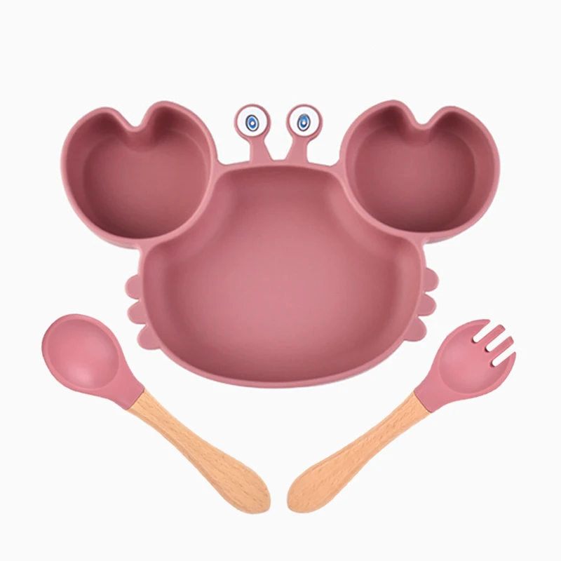

3Pcs Silicone Baby Feeding Set BPA Free Suction Bowl Divided Plate wood handle Spoon Fork Autonomous Eating Children Tableware