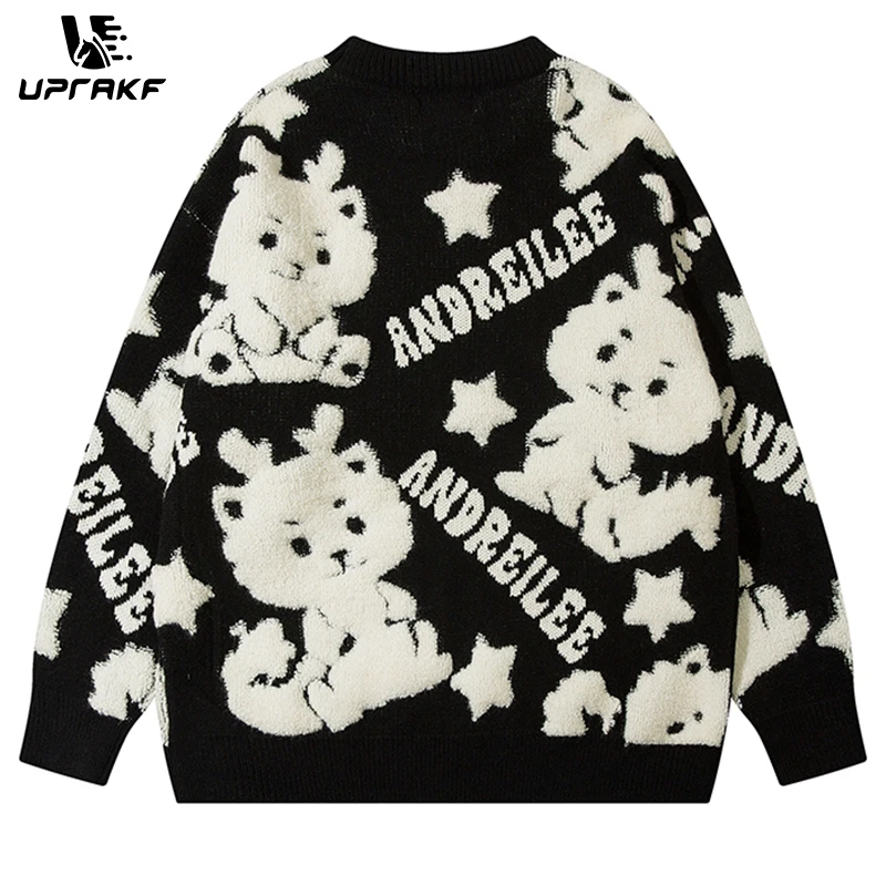 UPRAKF Cartoon Dragon O Neck Sweater Tops Autumn Loose Pullover Winter Drop Shoulder Casual Fashion Knitwears