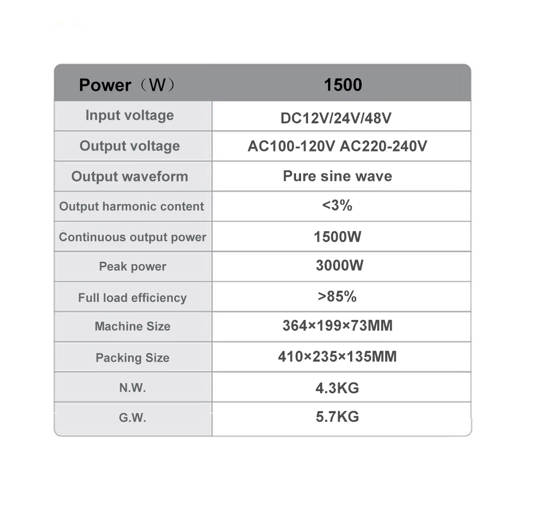 Pure Sine Wave Power Inverter DC12V/24V/48V 1500W Car Power Inverter Full Load E