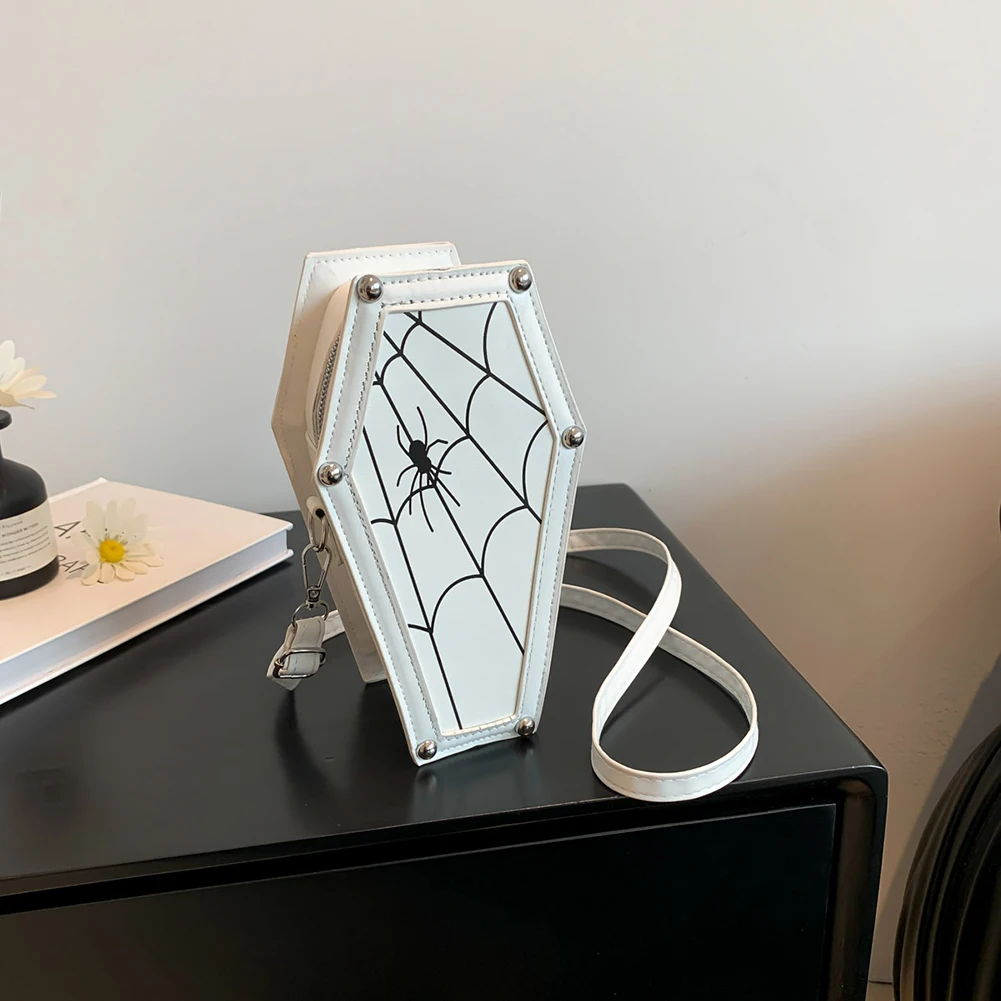 Women Novelty Sling Bag PU Leather Coffin Cosplay Cosmetic Bag Adjustable Strap Halloween Gift for Female