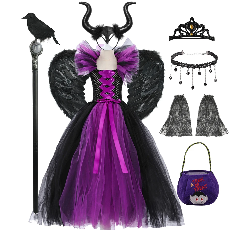 Disfraz De Maléfica Para Niña – Vestido De Reina Bruja Con Tocado De Cuernos Y Alas Negras, Halloween Y Cosplay