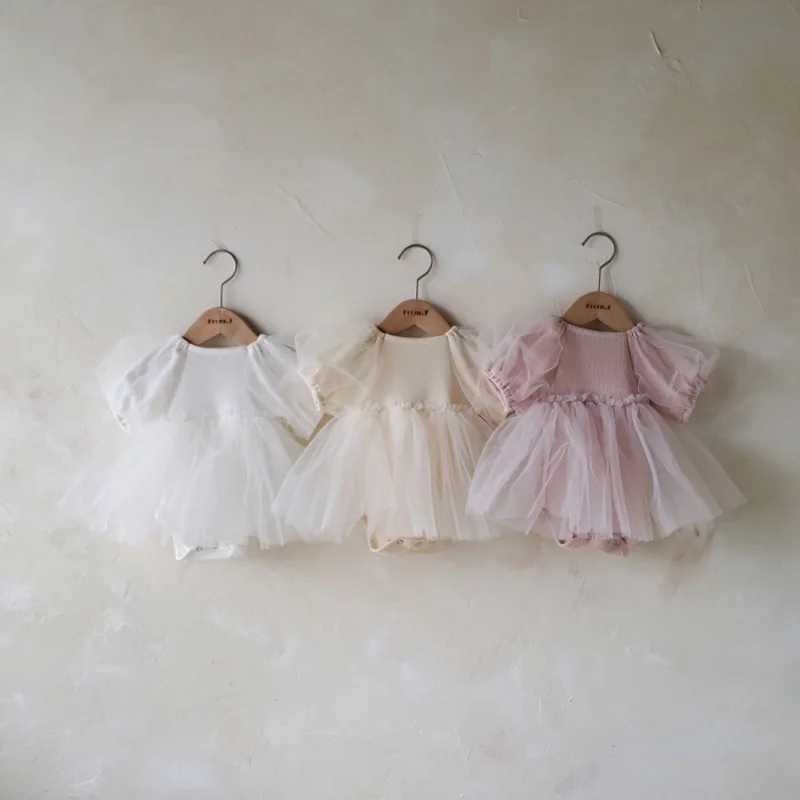 

2022 Summer New Baby Girl Short Sleeve Bodysuit Infant Mesh Tutu Dress For Baby Girl Princess Dress Toddler Baby Girl Jumpsuit