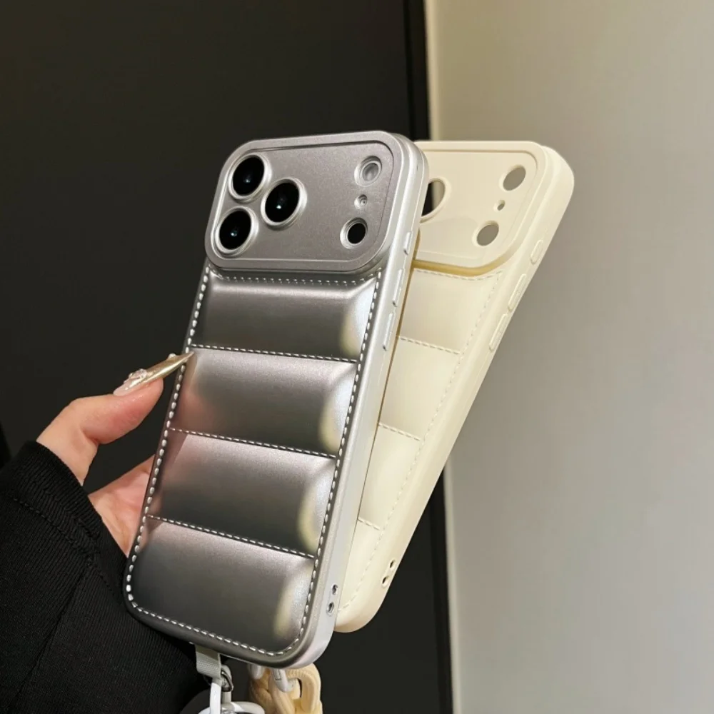 Stylish Down Jacket Crossbody Phone Case with Long Strap - Solid Color Cover