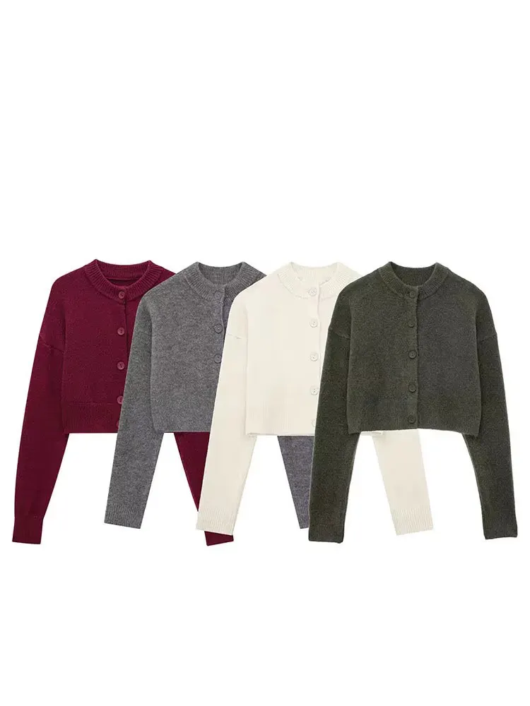 HH Women Elegant Solid Cropped Knit Coat Single Breasted Long Sleeve O Neck Cardigan Sweater Casual Office Lady Chic Top