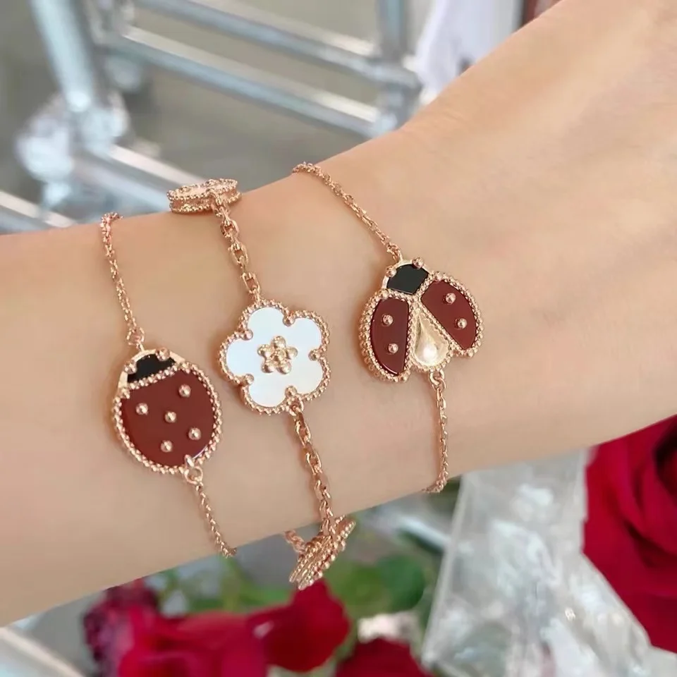 New 2023 Trend European Hot Selling Brand Rose Gold Bracelet Women Lucky  Flower Spring Ladybug Luxury Jewelry Set