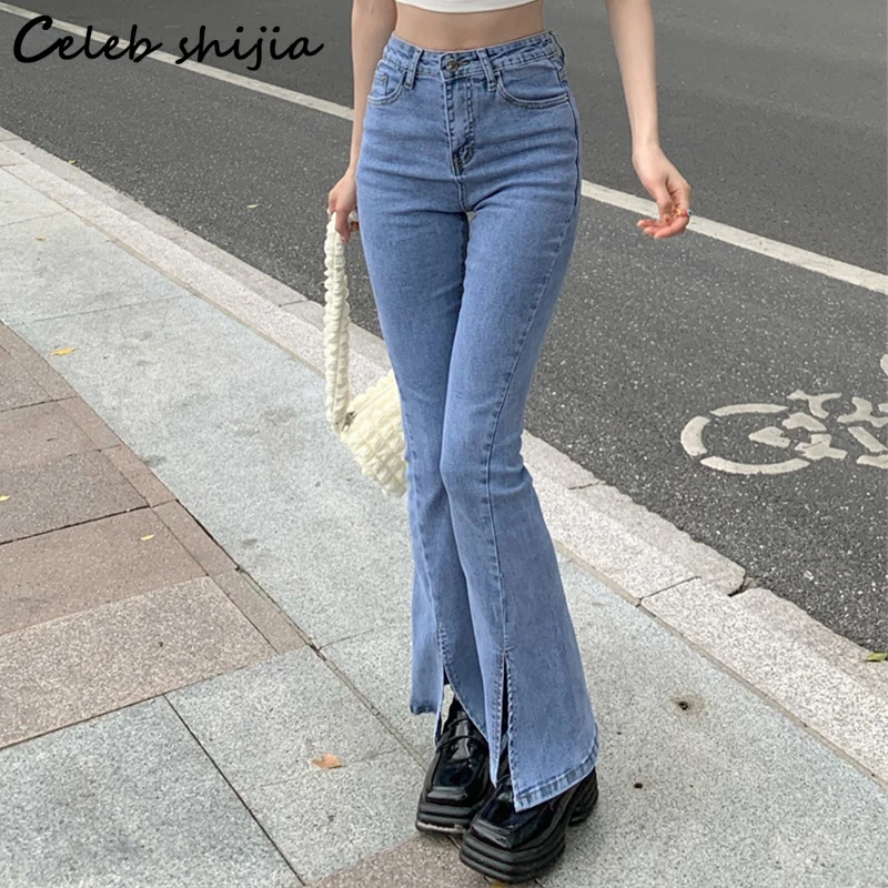 

Джинсы женские с широкими штанинами, синие эластичные штаны из денима с завышенной талией, с разрезом, уличная одежда, лето-осень