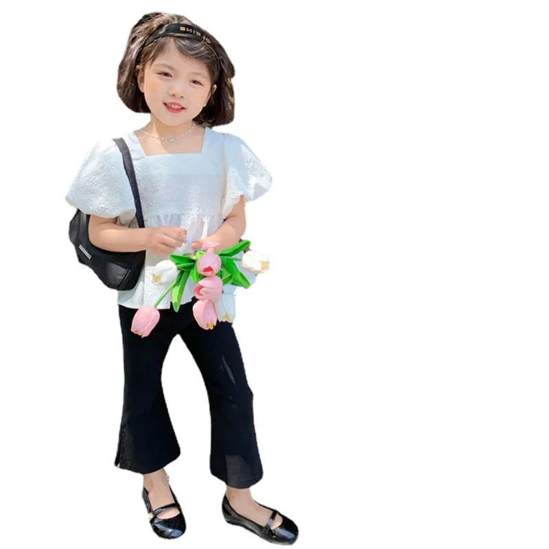 Kids Shirts Summer Girls' Short Sleeve Sweet Square Neck Bubble Backless Top Big Bow Fashion Versatile Short Sleeve Shirt Children Clothing