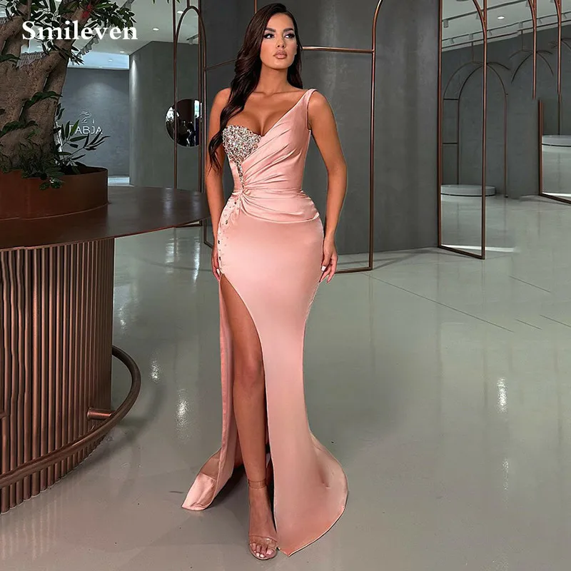 

Smileven Rose Pink Mermaid Evening Dresses Beading Crystal Prom Dresses Robe De Marieer Side Split Formal Occasion Gowns2023