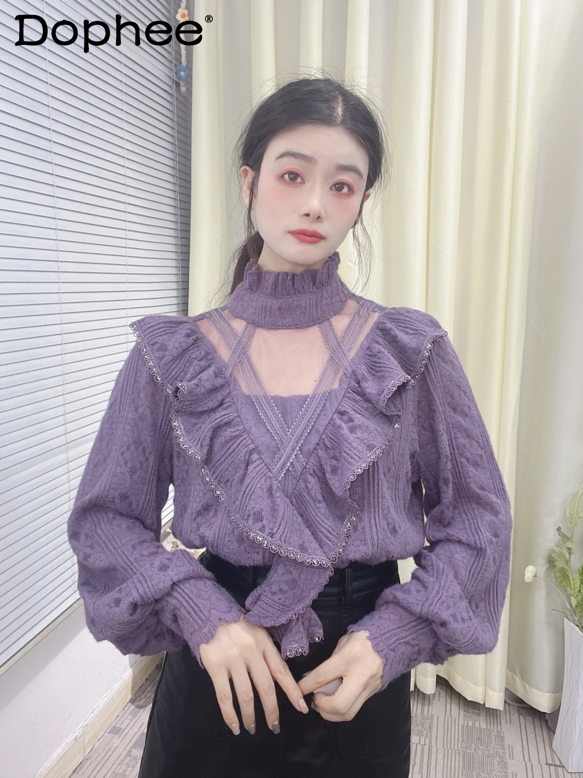 

Bottoming Shirt Blouse Women Autumn Winter Lace Stand Collar Mesh Patchwork Ruffled Brushed Thickened Long-Sleeved Top Female