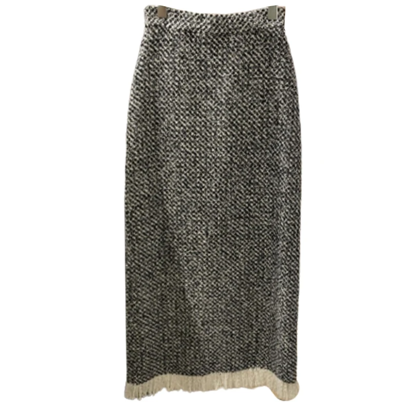 

French Style Small Fragrance Woolen Skirts Women Autumn Winter High Waist Tassel Package Hip A-line