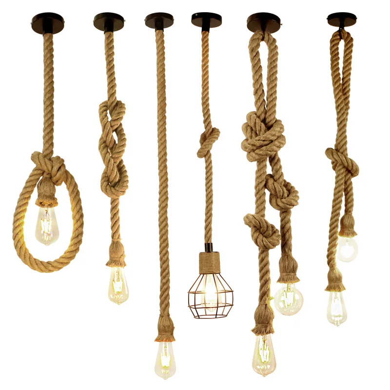 

Vintage Hemp Rope Pendant Light Retro Loft Industrial Hanging Lamp Creative Country Style Edison Bulb Home Decoration