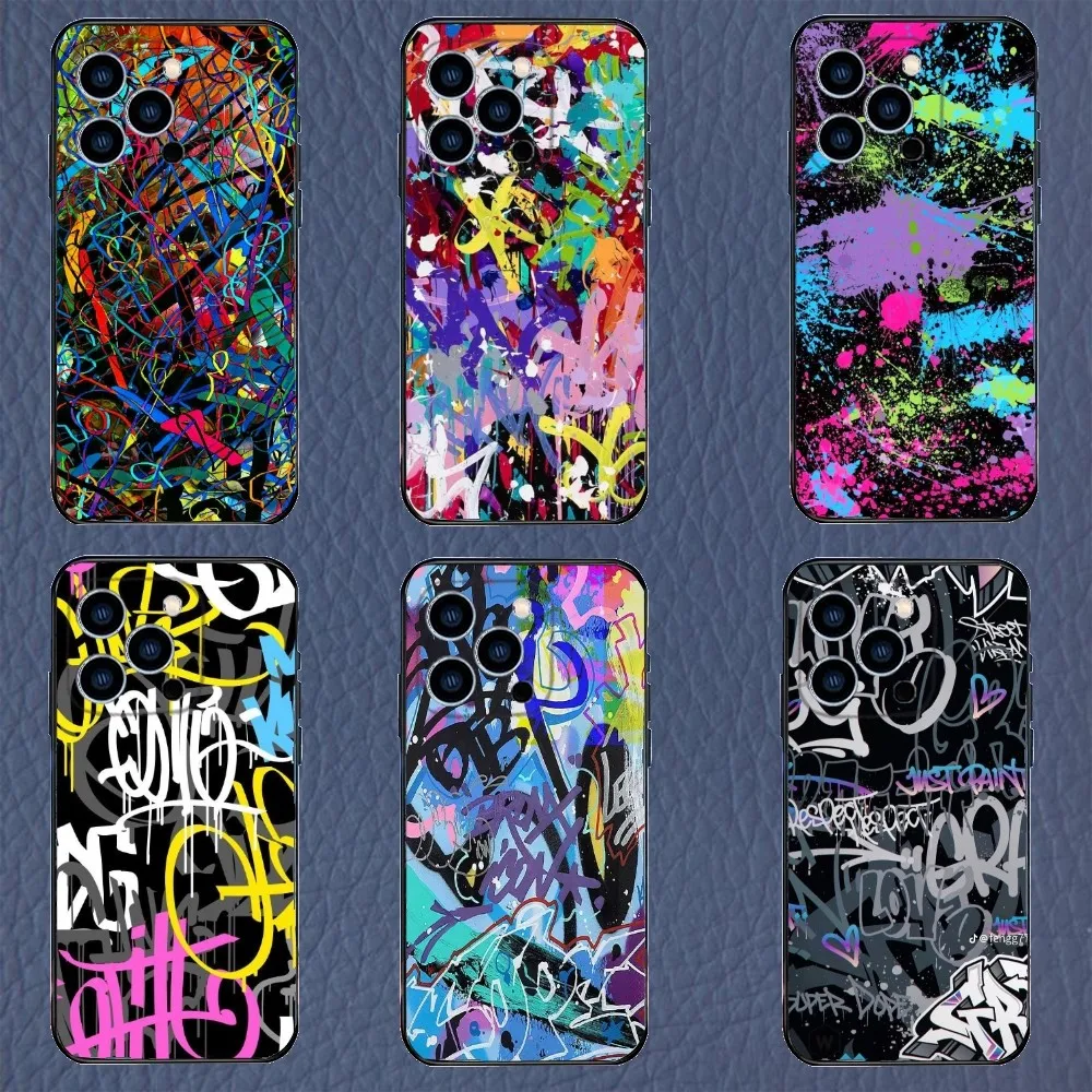 Custodia Per Telefono Artistico Con Pittura Graffiti Per Apple Iphone 15,14,13,12,11,Pro,X,Xs,Max,Xr,Plus,Mini Soft Black Shell