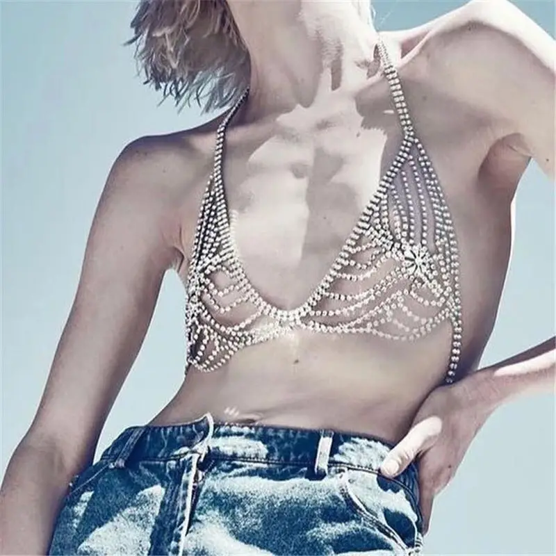 Women's sexy shiny Rhinestone mesh sling body chain jewelry fashion bikini crystal breast chain bra underwear nightclub accessor