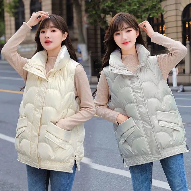 duvet coats 2021 Autumn Winter Korean Loose Women's Vest Down Cotton Bright  Fabric Wearing Warm Vest Girl Outdoor Student Black black puffer coat with hood