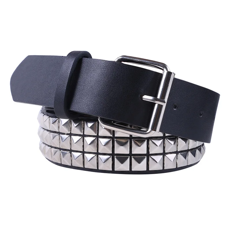 3 Row Vintage Black Pyramid Studded Leather Belt - SPECIAL