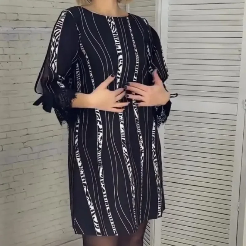 

Stripe Print Plus Size Black Loose Dress Women Spring Long Sleeve 3XL Large Sexy Vintage Casual Midi Dress 2024 Free Shipping 16